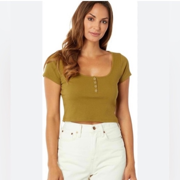Madewell Ribbed Henley Crop Tee Olive Green Size Large - Picture 2 of 4